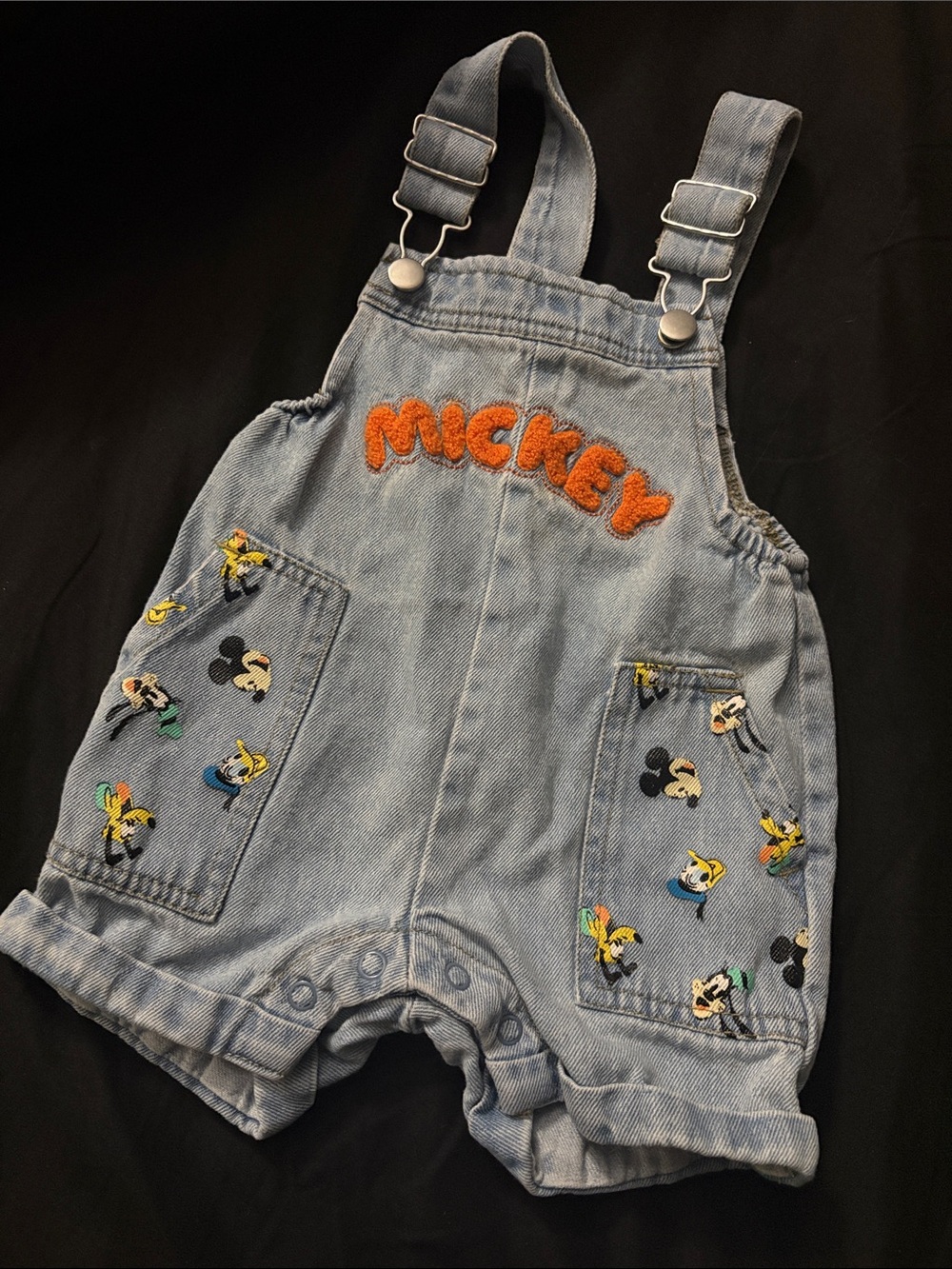Disney Light Denim Short Overalls with Orange 'Mickey' Chenille